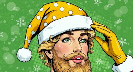 Pop art style illustration of a handsome bearded man wearing a yellow polka dot santa hat and yellow glove saluting against a green snowy background