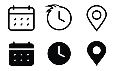 Address time date icons set. Address location icon. Stopwatch timer icon. Date Calendar icon. Black line and flat web icons.
