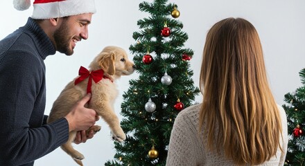 A smiling man wearing a santa hat holds a golden retriever puppy with a red bow near a decorated christmas tree while a woman watches