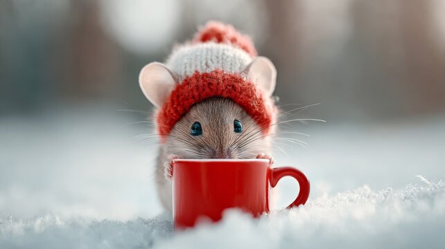 Cute mouse wearing knitted hat with cozy mood drinking from red cup against snowy winter background
