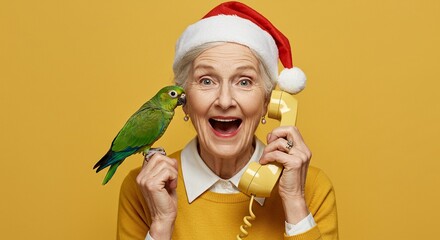Joyful senior woman wearing a santa hat talks on a vintage yellow telephone while a small green parrot perches near her ear against a solid yellow background