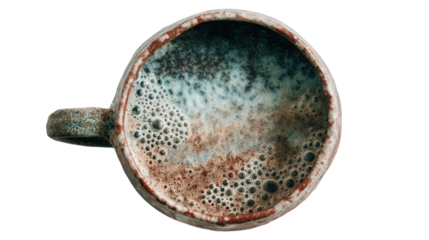 Overhead shot of rustic handmade ceramic cup with unique texture isolated on a Transparent background, PNG file.