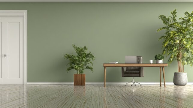 A modern home office with a muted green color scheme.