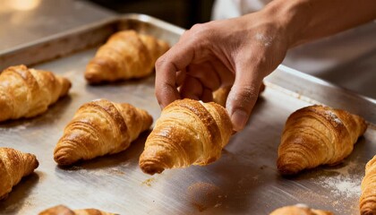 Freshly baked croissants on baking sheet with hand