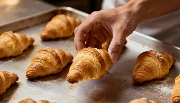 Freshly baked croissants on baking sheet with hand