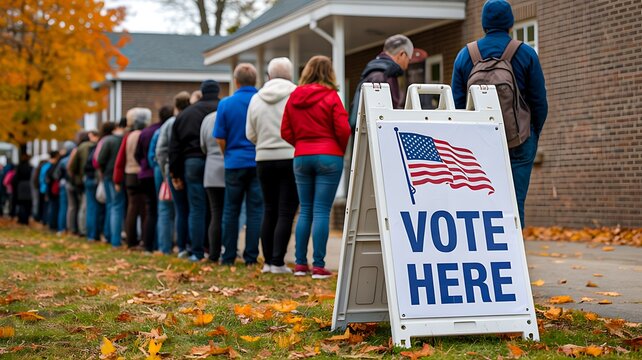 People standing in long line to vote at polling station during election day
