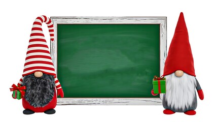 Christmas gnomes with gifts beside green chalkboard for festive holiday decoration