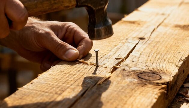 Carpenter hammering nail into wooden plank