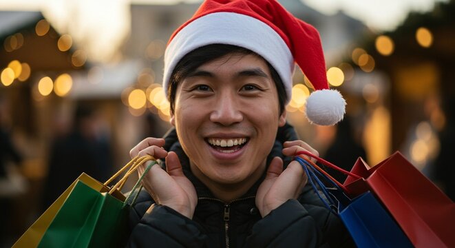 Joyful asian man wearing a santa hat smiles while holding colorful shopping bags at a festive outdoor market during the holiday season - Powered by Adobe