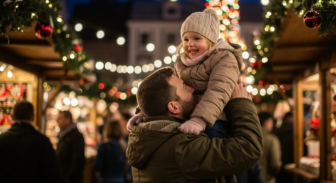 Father lifts happy toddler wearing winter hat and coat onto his shoulders at a festive, illuminated christmas market stall