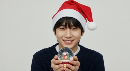 Young man wearing a red and white santa hat holding a small christmas snow globe against a plain light background, isolated on white background
