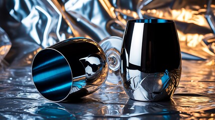Metallic reflective cups on shiny foil surface in modern artistic lighting