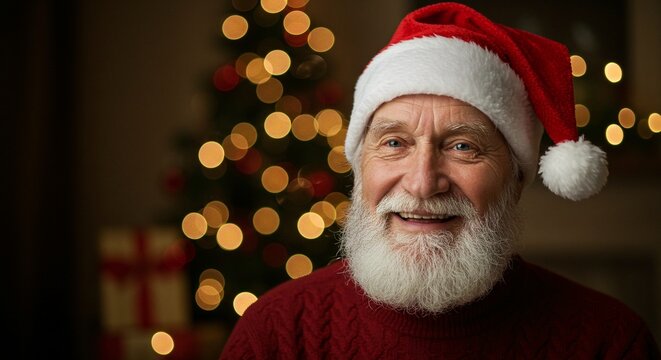 Closeup portrait of a smiling elderly man with a long white beard wearing a red santa hat and sweater in front of a blurry christmas tree