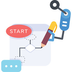 Robotic Arm Drawing Flowchart with Start Button and Text Bubbles on Transparent Background Indicating Automation and Process Planning