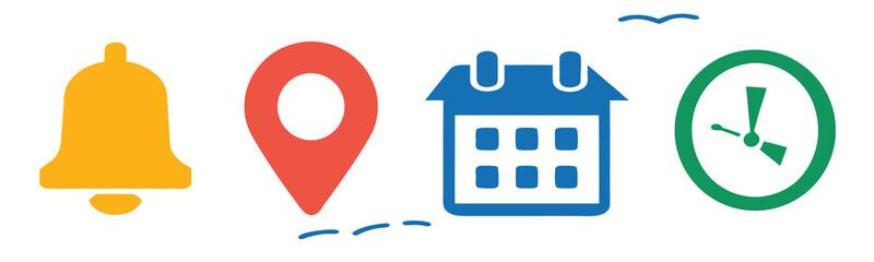 Location, time, calendar and notification bell icons set. Flat vector illustrations of pin, date, clock and bell
