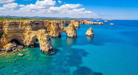 Stunning coastal cliffs with natural archways and crystal clear turquoise waters under a bright blue sky