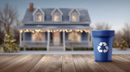 Blue recycling bin on wooden table with festive house decorated for Christmas and New Year, showcasing holiday spirit and environmental awareness