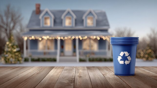 Blue recycling bin on wooden table with festive house decorated for Christmas and New Year, showcasing holiday spirit and environmental awareness