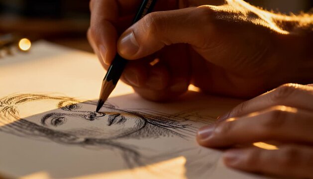 Artist hand sketching portrait with pencil on paper detailed close up