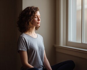 Peaceful Woman Meditating by a Sunlit Window for Inner Calm
