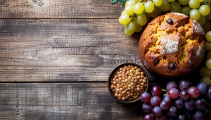 Overhead view of panettone bread with raisins, surrounded by green and red grapes and a bowl of hazelnuts on a rustic wooden table for Capodanno Italia.