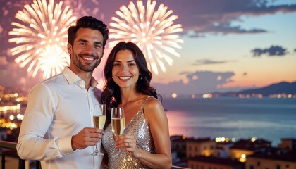 A smiling couple in elegant attire holds champagne glasses while standing together against a vibrant fireworks display over a coastal cityscape during Capodanno Italia.