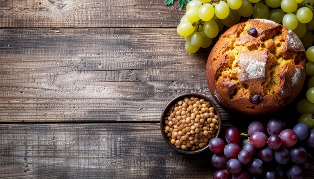 Overhead view of panettone bread with raisins, surrounded by green and red grapes and a bowl of hazelnuts on a rustic wooden table for Capodanno Italia.
