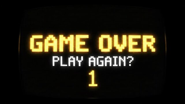 Retro Pixelated Game Over Screen with Play Again Countdown.