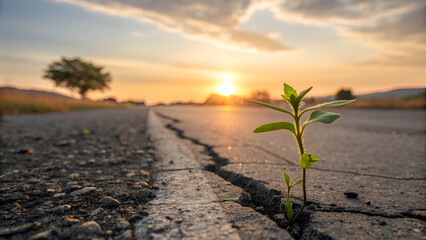 A newly sprouted plant emerges from cracked ground, glowing softly in the warm light of a dramatic sunset.