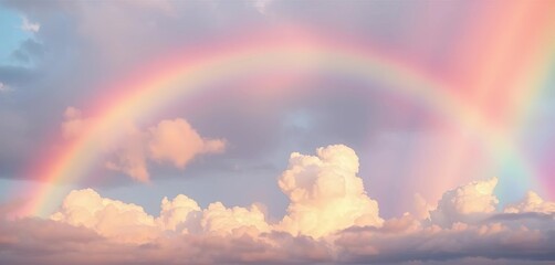 Fototapeta premium Vibrant arched rainbow backdrop, shimmering pastel clouds, fantasy, dreamlike