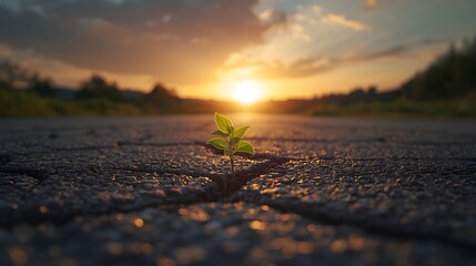 A newly sprouted plant emerges from cracked ground, glowing softly in the warm light of a dramatic sunset.
