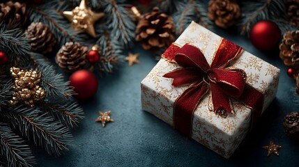 Charming Christmas gift box with red ribbon surrounded by festive pine branches and holiday decorations
