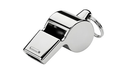 Shiny metal whistle isolated on transparent background, a tool for signaling and attracting...
