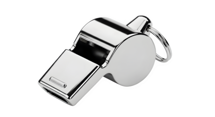 Shiny metal whistle isolated on transparent background, a tool for signaling and attracting attention