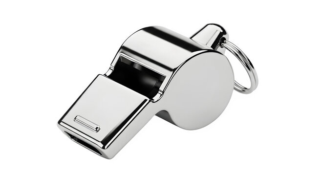 Shiny metal whistle isolated on transparent background, a tool for signaling and attracting attention