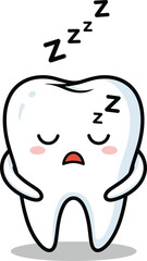 Cartoon tooth character sleeping with closed eyes, blush cheeks, and “Z” symbols in relaxed pose