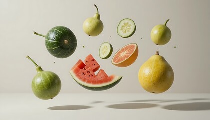 Levitating fresh fruits watermelon, pears, gourds, and a cucumber slice against a neutral backdrop