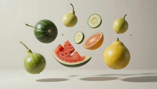 Levitating fresh fruits watermelon, pears, gourds, and a cucumber slice against a neutral backdrop