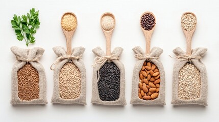 A top-down view of five burlap bags filled with different grains, seeds, and nuts, each with a wooden spoon displaying a sample of its contents, and a sprig of