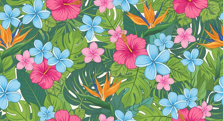 Bright seamless pattern of pink and blue tropical flowers with lush green leaves creating elegant bo 27024223 1