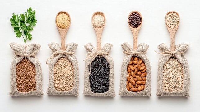 A top-down view of five burlap bags filled with different grains, seeds, and nuts, each with a wooden spoon displaying a sample of its contents, and a sprig of - Powered by Adobe