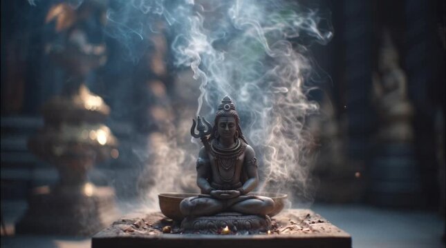 Shiva indian culture statue meditating with incense smoke dramatic light