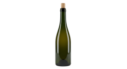 Elegant green glass bottle with cork stopper, perfect for wine or sparkling beverage isolated on transparent background