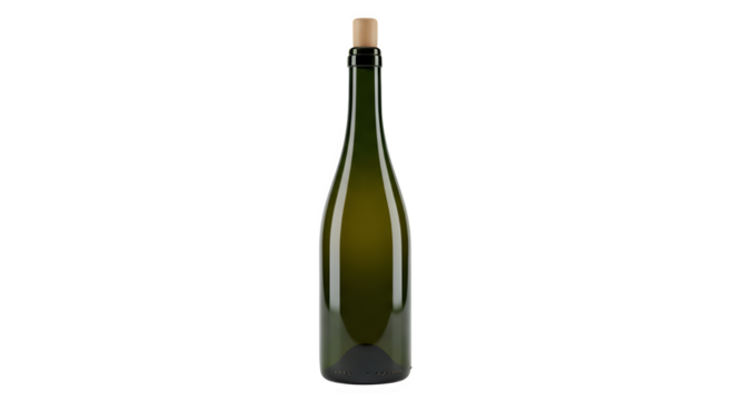 Elegant green glass bottle with cork stopper, perfect for wine or sparkling beverage isolated on transparent background