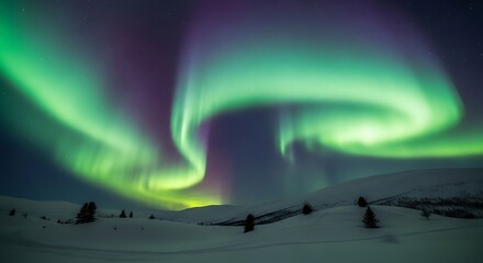 Breathtaking Aurora Borealis Display Over Snowy Landscape Under a Starry Sky
