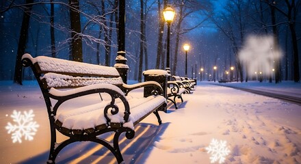 Snowy park benches under warm streetlights create a winter scene.