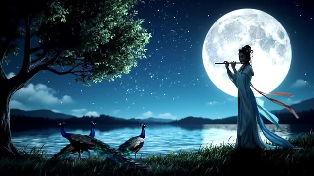 Silhouette of Lord Krishna Playing Flute &ndash; Night Sky Krishna Wallpaper HD