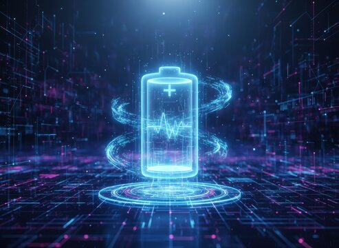A futuristic digital illustration of a glowing battery with energy waves, representing power and technology.