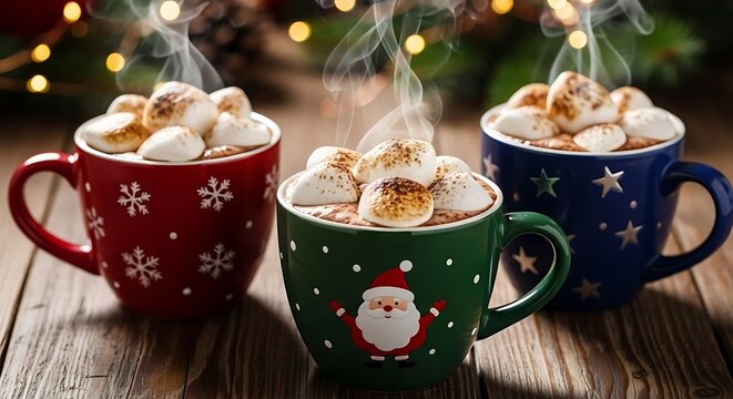 Festive Holiday Cocoa: Mugs of Steaming Hot Chocolate Topped with Marshmallows