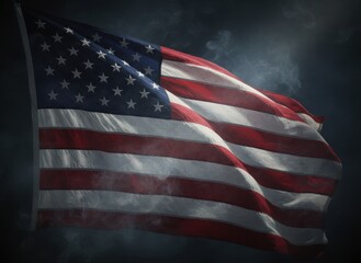 The American flag waves proudly against a dramatic, stormy sky, symbolizing freedom.